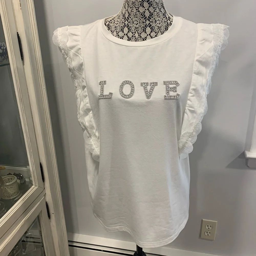 White Ruffled Sleeve Tee with Gray Sparkle  Studded LOVE Embellishments